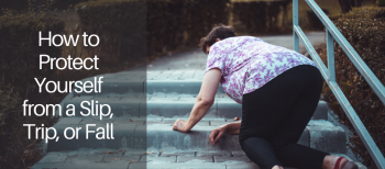image of an elderly woman tripping and falling on icy stairs outdoors
